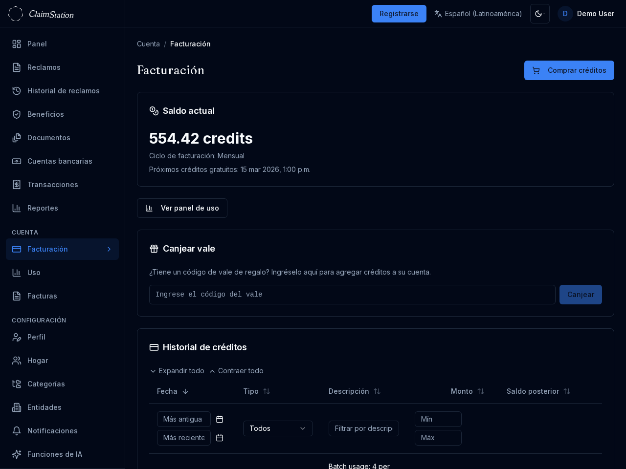 Página de facturación de ClaimStation
